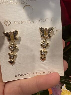 Kendra Scott Gold Butterfly Crystal Drop Earrings with Heart Accents